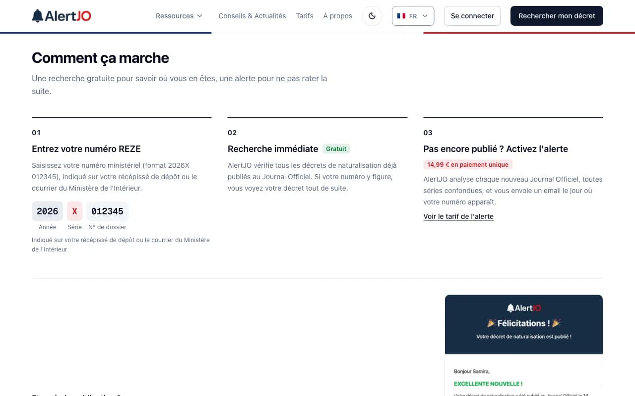 AlertJO “How it works” section: REZE number entry, free search and alert