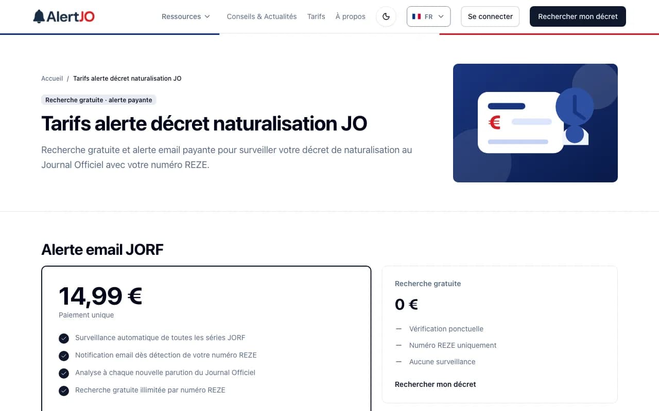 AlertJO pricing page: free search and one-time-payment email alert