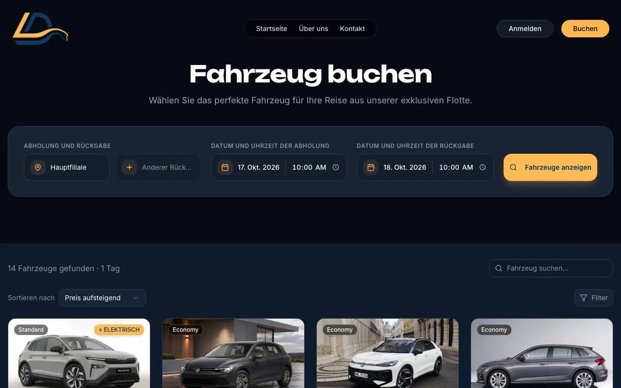 LuxDrive24.de booking flow: date search and the list of available vehicles