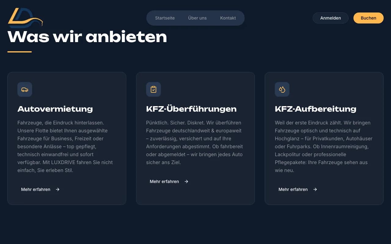LuxDrive24.de services section: car rental, vehicle transfers and vehicle preparation