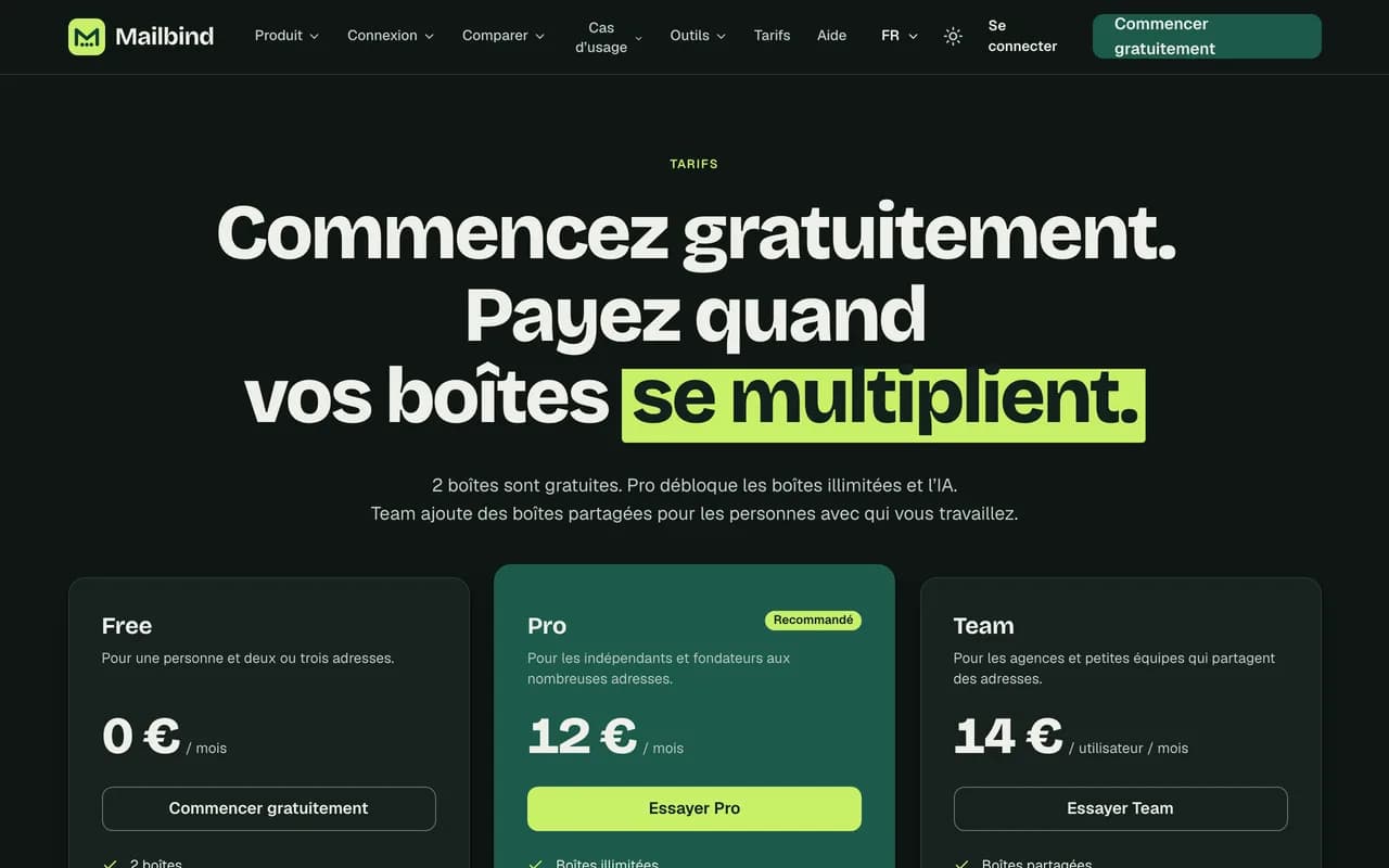 Page des tarifs de Mailbind : forfait gratuit, Pro et Team