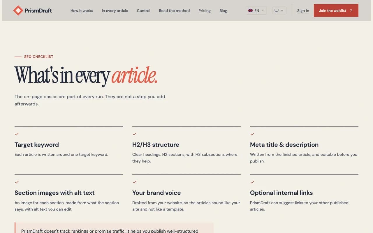 Checklist of the SEO elements included in every PrismDraft article