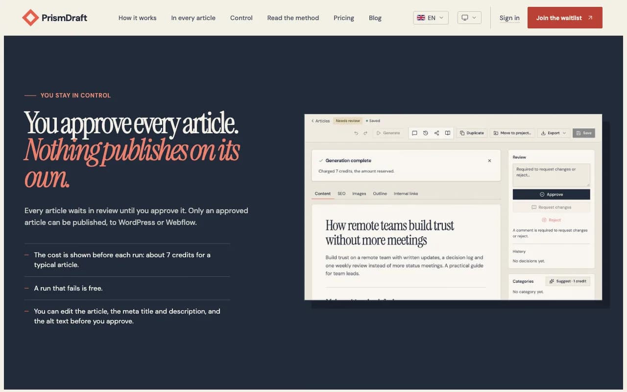 PrismDraft review screen: article waiting for approval, approval panel and credit cost